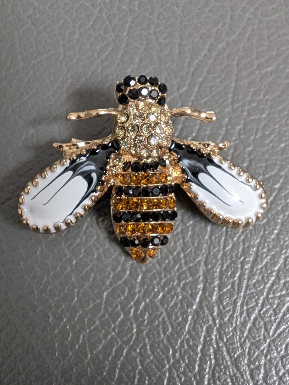 Vintage Gold Bee Brooch with Black White Amber Crystals